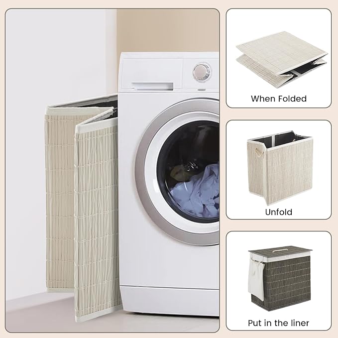 Laundry Hamper with Lid, 42.3 Gallon (160L), Handwoven Rattan Laundry Basket, 3-Section Clothes Hamper with Handles, 2 Removable Liner and Side Pocket, White