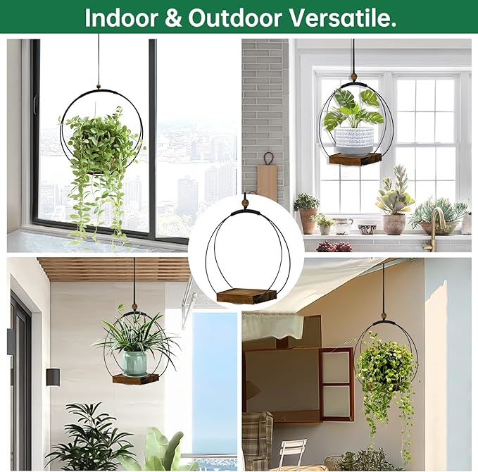 2 Pack Hanging Planter for Indoor Plants, Black Plant Hanger with Sturdy Wood Base, Modern Boho Macrame Hanger, Wall Ceiling Window Planter (Plants/Pots Not Included)
