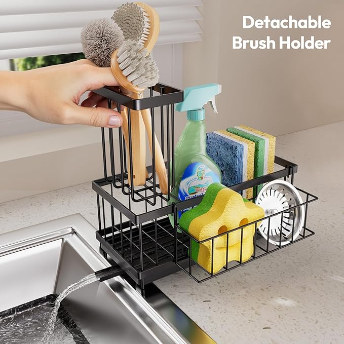 SWTYMIKI Sink Caddy Sponge Holder - Large Sponge Holder for Kitchen Sink with 360°Auto-Drain Tray, Rustproof Stainless Steel Kitchen Organizer Caddy for Countertop Organization