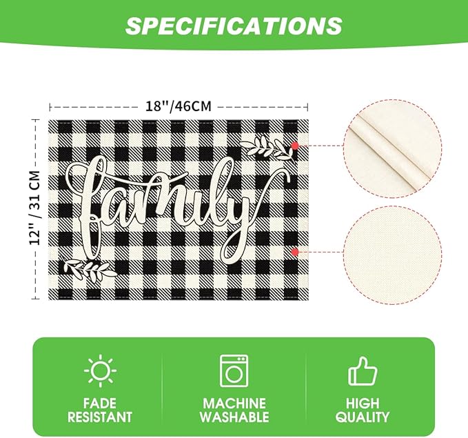 Artoid Mode Love Family Together Home Buffalo Plaid Placemats Set of 6,12x18 Inch Seasonal Table Mats for Party Kitchen Dining Decoration