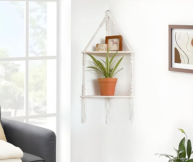Artilady Macrame Corner Shelf Wall Hanging - 2 Tier White Corner Floating Shelves Boho Wall Decor, Rustic Wooden Plant Shelf Storage Rack for Bedroom Living Room Bathroom