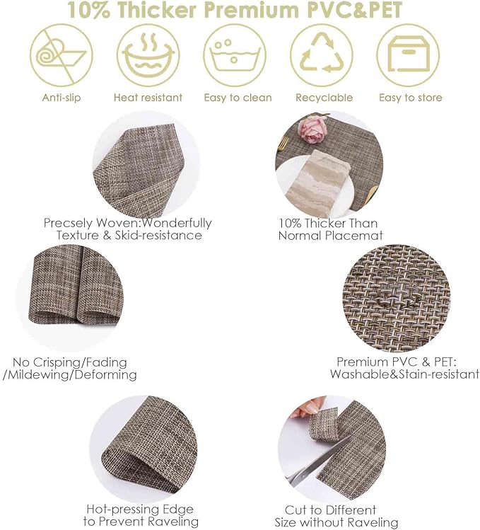 GIVERARE Placemats Set of 4, Heat-Resistant Woven Vinyl Placemat 12x18in, Non-Slip Washable PVC Table Mat, Easy to Clean Premium Plastic Mats for Dining, Kitchen Table (Caramel)