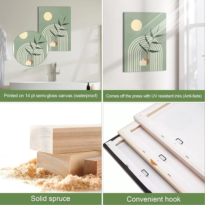 Boho Wall Art Painting,Boho Wall Art Set of 3, Sage Green Minimalist Framed Canvas Wall Art Geometric Leaf Sun Moon Beige Green Canvas Artwork 12"X16" for Bathroom Living Room Boho Wall Decor