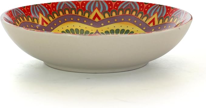 Elama Mandala Round Stoneware Multicolor Dinnerware Set, 16 Piece, Red