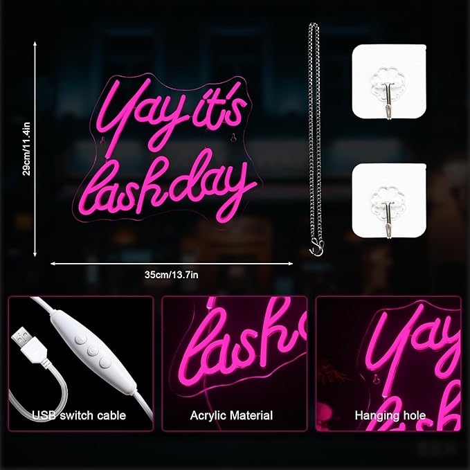 Lucunstar Yay It's Lash Day Neon Sign,Colorful Led Light,USB Connectivity Led Neon Sign with Dimming Switch for Home Wall Decor,Girls Room Party Room Decor