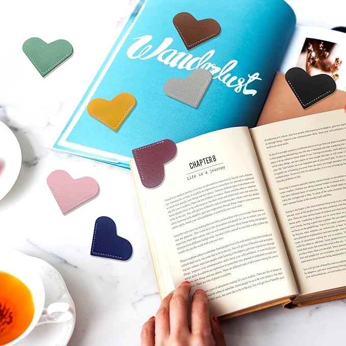 24Pcs Leather Heart Bookmarks,Cute Corner Page Book Marks,Book Accessories for Kids Women Book Lovers Teachers,Handmade Reading Gifts