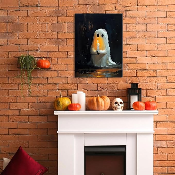 ILLBDR Cute Ghost Canvas Wall Art Halloween Decor Vintage Painting, Spooky Silhouette Ghost Holding Candle Haunted House Art, Bedroom Gothic Decor Ready to Hang, 12x16 Inch Framed