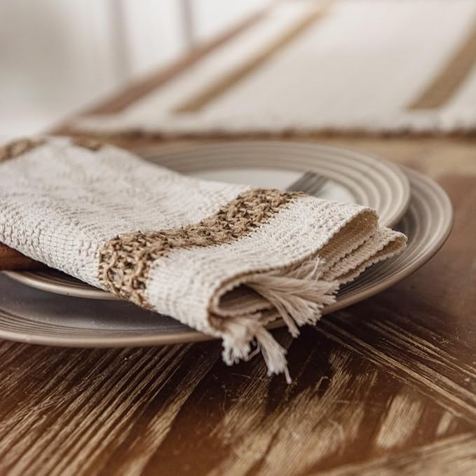 Boho Placemats Set of 4, Splicing Woven Placemat 12 x 19 Inches, Burlap Rustic Place Mat, Kitchen Table Heat-Resistant Table Mats