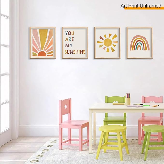 Boho Rainbow Nursery Art Set of 4 - You Are My Sunshine Wall Prints, Kids Room Decor