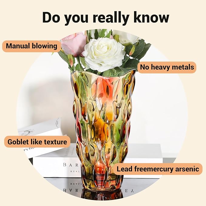 CEMABT 9.5inch 3.4 lb Glass Vases for Flowers Unbreakable Thickened Morden vase for Tables Centerpieces,Colorful,Vintage and Clear Rose Large Flower vases for Bouquet Unique Gifts(Rosa Colorful)