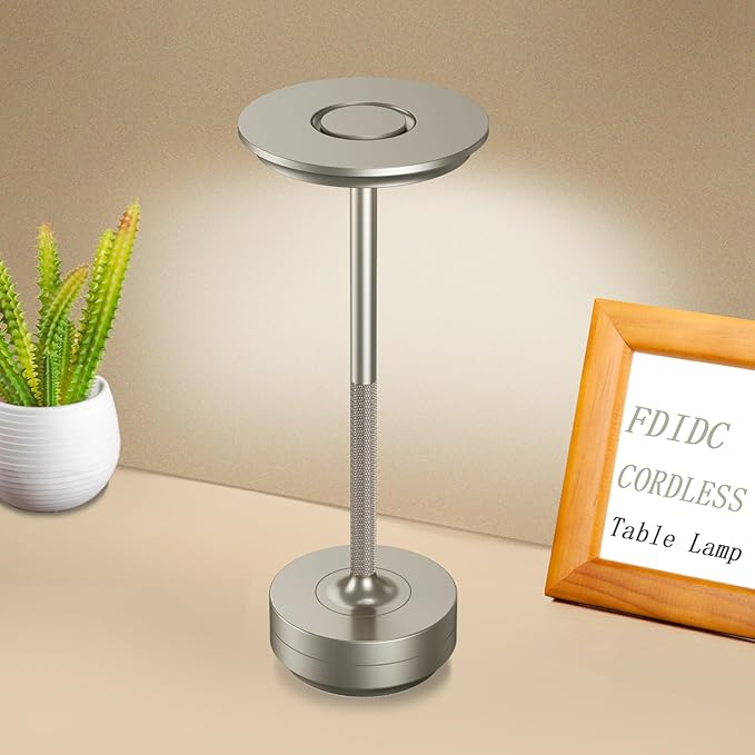Cordless Table Lamp, Portable Rechargeable LED Battery Powered Touch Metal Table Light, 3 Color Stepless Dimming Modern Table Lamp, for Bedroom/Home/Restaurant/Outdoor.(Silver)