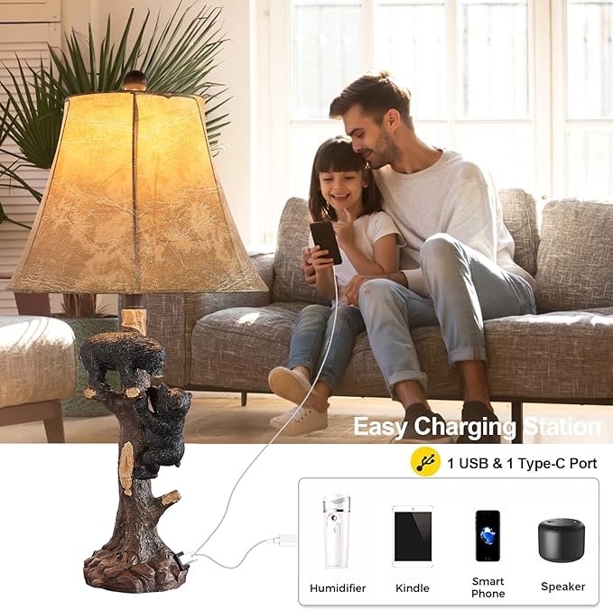 LOKHOM Climbing Bears Rustic Western Table Lamp Set of 2, 26" Rustic Bedside Lamp with USB & TypeC Charging Port, Natural Bears Table Lamp for Bedroom Living Room Foyer Office Valentine's Day Gift