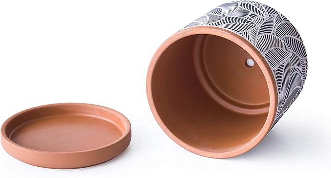 D'vine Dev Set of 2 Terracotta Pots, Leaves Pattern Planter Pot, 4 Inch and 6 Inch, Pot with Drainage Hole and Saucer, Terracotta/Black, 31-958-I-2