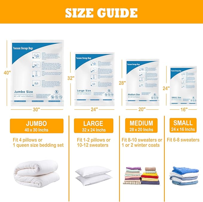 Vacuum Storage Bags 8 Combo (3 Jumbo/3Large/2 Medium), Space Saver Sealer Bags,Plastic Packaging Bags, Airtight Compression Bags for Clothes, Pillows, Comforters, Blankets, Bedding