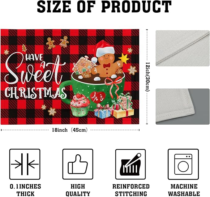 Giwawa Gingerbread Placemats Set of 4, Have A Sweet Christmas Red Black Buffalo Plaids Place Mat, Winter Hot Cocoa Cookie Table Mats 12"x18" for Kitchen Dining Holiday Party Decor