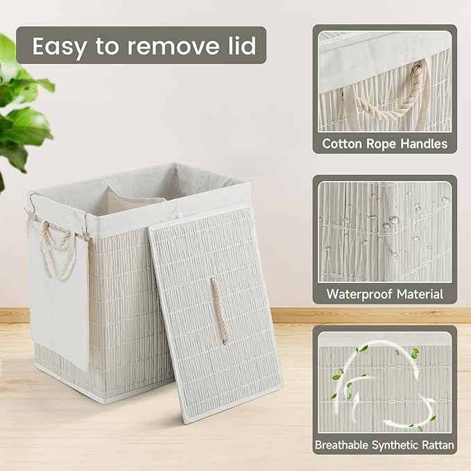 Laundry Hamper with Lid, 42.3 Gallon (160L), Handwoven Rattan Laundry Basket, 3-Section Clothes Hamper with Handles, 2 Removable Liner and Side Pocket, White