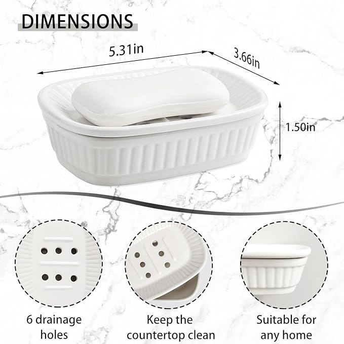 VanEnjoy White Ceramic Soap Dish, Self-Draining Kitchen Sink Soap Holder