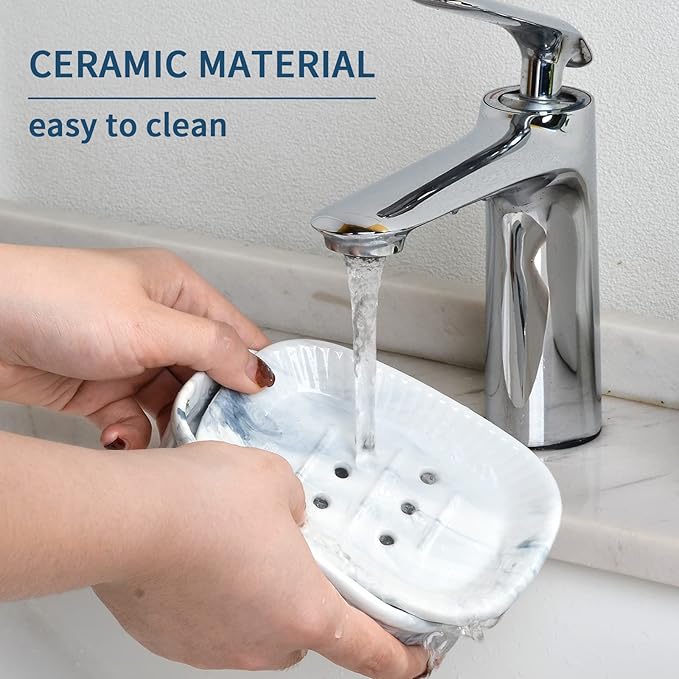 Ceramic Soap Dish, Self-draining Soap Holder, Double Layer Bar Soap Holder Marble Blue, Draining Soap Dishes for Bathroom Shower Kitchen, Easy to Clean, Keep Soap Dry, ANTIS'S HOME