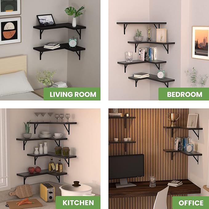 NATURE'S SOURCE Corner Floating Shelves Set of 4, Corner Shelves Wall Mounted, for Bedroom Kitchen Living Room Bathroom Office- Gothic Style (Black, Set of 4)