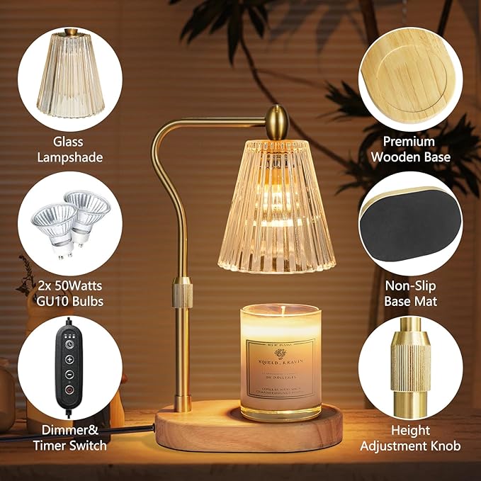 Candle Warmer Lamp - Candle Warmer Lamp with Timer and Dimmer Adjustable Height,Electric Wax Melt Warmer with 2 Bulbs for Scented Jar Candles Home Decor Mother's Day Gifts