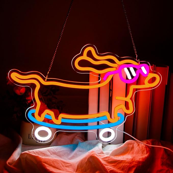 Dachshund Neon Sign Dimmable Led Skateboard Dog Neon Sign With Glasses Led Light Sign for Pet Shop Animal Bedroom Decor Art Wall Decor Gift for Pet Dog Lover Funny