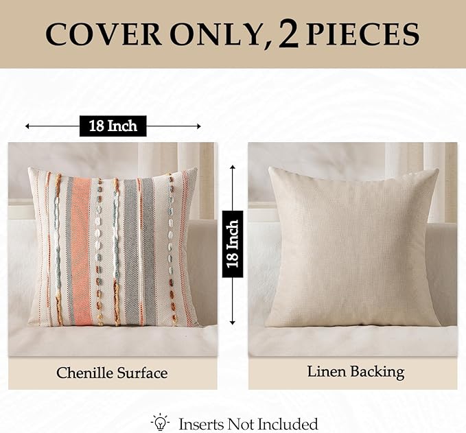 ANRODUO Pack of 2 Boho Decorative Throw Pillow Covers 18x18 Farmhouse Cushion Case Striped Chenille Pillow Cases Square Pillow Covers Accent Neutral Pillowcase for Sofa Couch Bed, Pink Stripe
