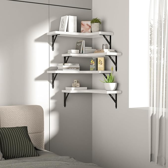 Corner Floating Shelves Wall Mounted Set of 4, Rustic Wood Storage Display Wall Shelves for Home Decor, Bathroom, Kitchen, Bedroom, Living Room, Office (White)
