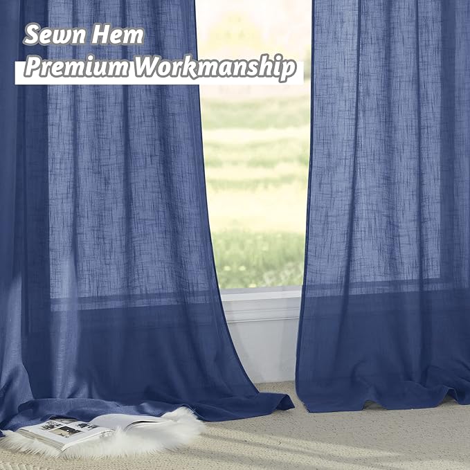 RYB Home Linen Sheer Curtains - Linen Textured Wave Semi Sheer Curtains Light & Airy for Bedroom Bathroom Kitchen Window Decor, Navy Blue, Wide 52 x Length 45 inch, 2 Panels