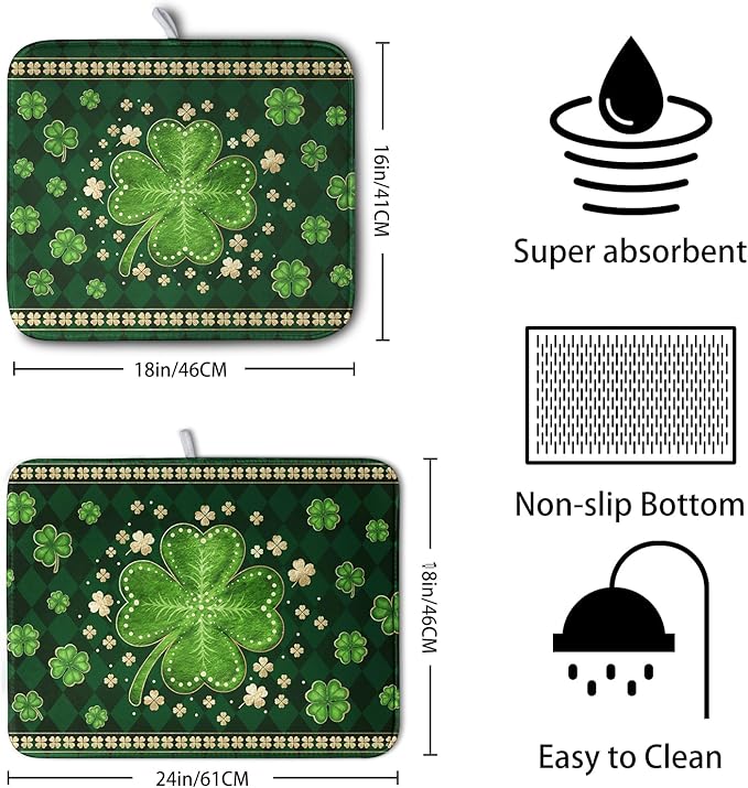 St Patrick's Day Green Shamrock Dish Drying Mat for Kitchen Counter 18x24 Inch Lucky Clover Check Plaid Drying Mat Spring Microfiber Dish Drainer Mat Super Absorbent Dish Rack Pad for Coffee Bar Sink