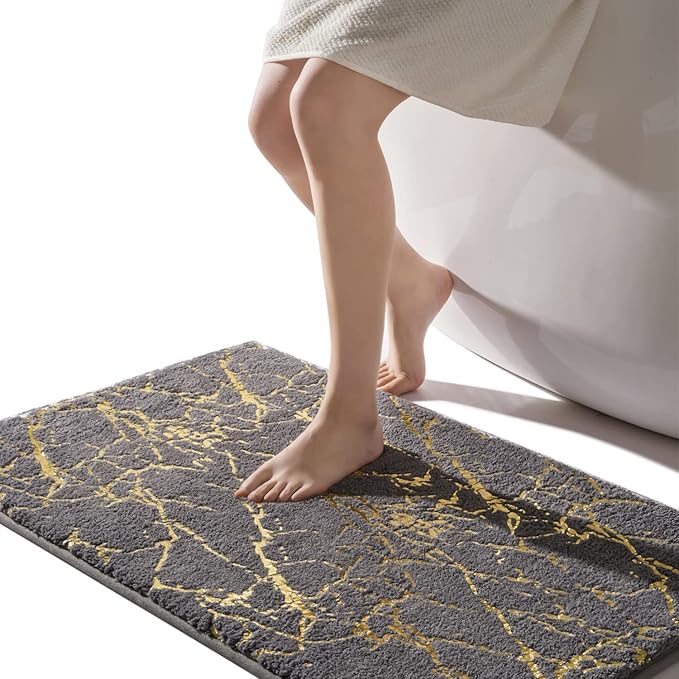 QJHOMO Marble Bathroom Runner Rug Gold Decor Long Bathroom Rugs Gray Bath Mat Non Slip Super Absorbent Bathmat Machine Washable Floor Carpet for Tub, Shower, Bedroom (24x48 inch)
