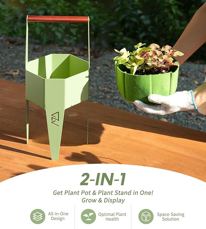 Planter with Stand, Metal 2 in 1 Portable Planter with Grow Bags & Handle, Stable Stylish Indoor Plant Pots with Stand, Modern Flower Pots Outdoor, 7.5'' x 17.3'', Green, Plant Not Included