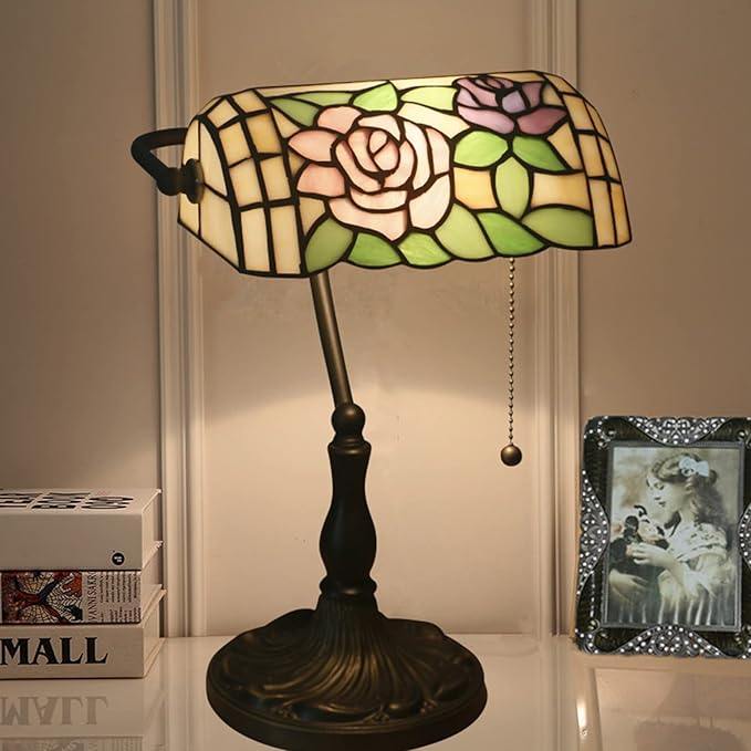 Tiffany Style Bankers Table Lamp Stained Glass Piano Desk Lamp Vintage Bedroom Bedside Lamp for Study,Antique Alloy Base,Zipper Switch,Rose c