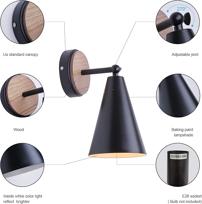 MWZ Rustic Farmhouse Black Metal and Wood Wall Sconce Adjustable Lamp,2 Pack,Rustic Wall Lighting Fixture for Bedroom, Living Room, Headboard, Garage, Porch