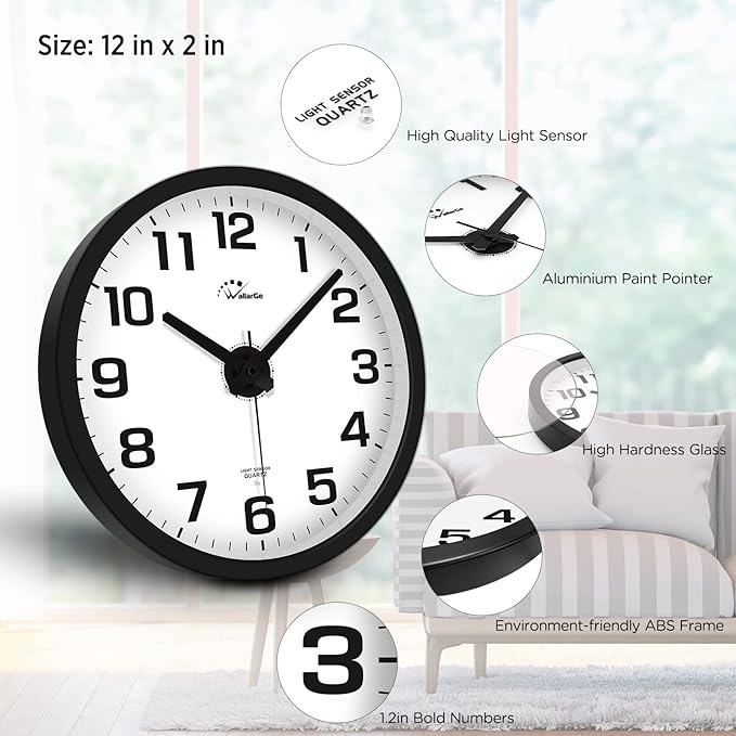 WallarGe Night Light Wall Clock for Bedroom - Silent Lighted up Wall Clock Glow in The Dark, Battery Operated for Living Room/Kitchen, Easy to Read Large Digital Display, 12 Inch