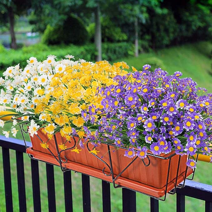 8 Bundles Artificial Daisies Flowers Outdoor UV Resistant Fake Foliage Greenery Faux Plants Shrubs Plastic Bushes for Window Box Hanging Planter Farmhouse Indoor Outside Decor(Purple)