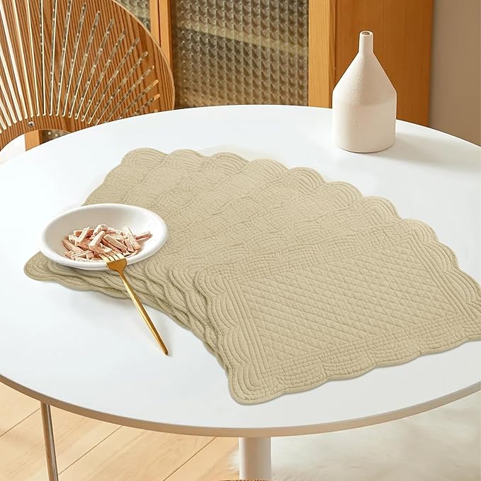 HOMBYS Quilted Placemats Set of 6 Washable-13x18 inches Rectangular Placemats for Kitchen Table-100% Cotton Fabric Rectangular Table Mats, (Khaki)