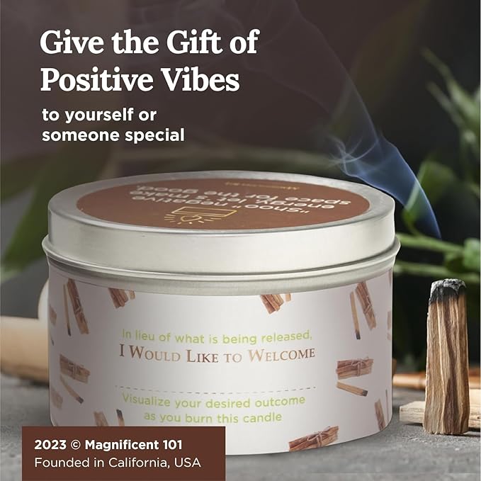 Magnificent 101 Long Lasting Palo Santo Smudge Candle - 6 Oz - 35 Hour Burn Time | Essential Oils, 100% Natural Ingredients | Smoke Free, Petroleum Free Candle to Cleanse Your Home