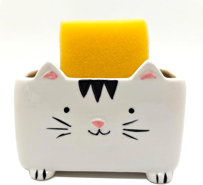 Cat Sponge Holder - Cute Kitchen Accessories and Home Decor - Ceramic Holder for Women - Ideal Birthday and Valentine's Day Gift