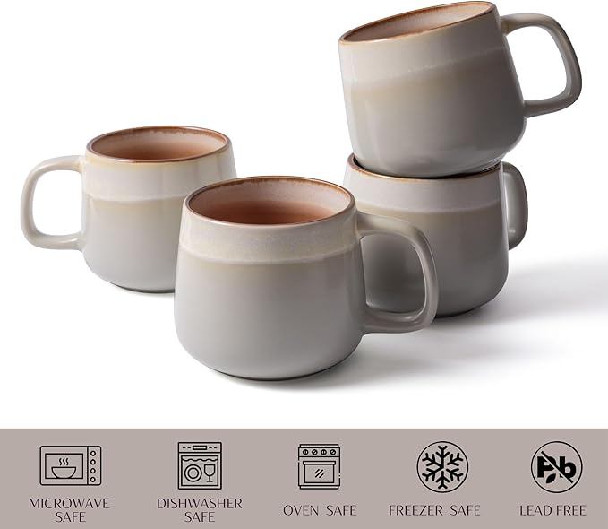 Ceramic Coffee Mugs Set of 4, 12 oz Stoneware Coffee Cups with Comfortable Handle for Latte, Tea, Cappuccino, Cocoa -Microwave and Dishwasher Safe - Modern Unique Aesthetic - Reactive Glaze