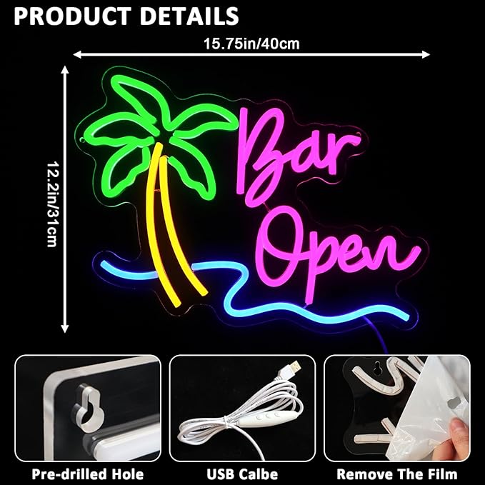 Bar Open Sign for Business, Neon Open Sign, USB Dimmable Palm Tree Neon Lights for Beer Bar Coffee Cafe Home Pub Man Cave Stores Hotel Party Window Wall Decor Restaurant