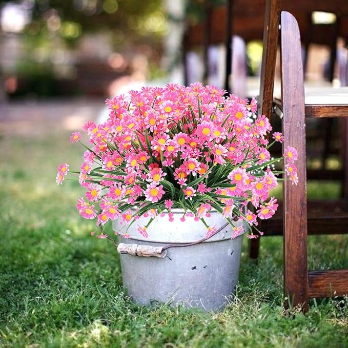 8 Bundles Artificial Daisies Flowers Outdoor UV Resistant Fake Foliage Greenery Faux Plants Shrubs Plastic Bushes for Window Box Hanging Planter Farmhouse Indoor Outside Decor(Pink)