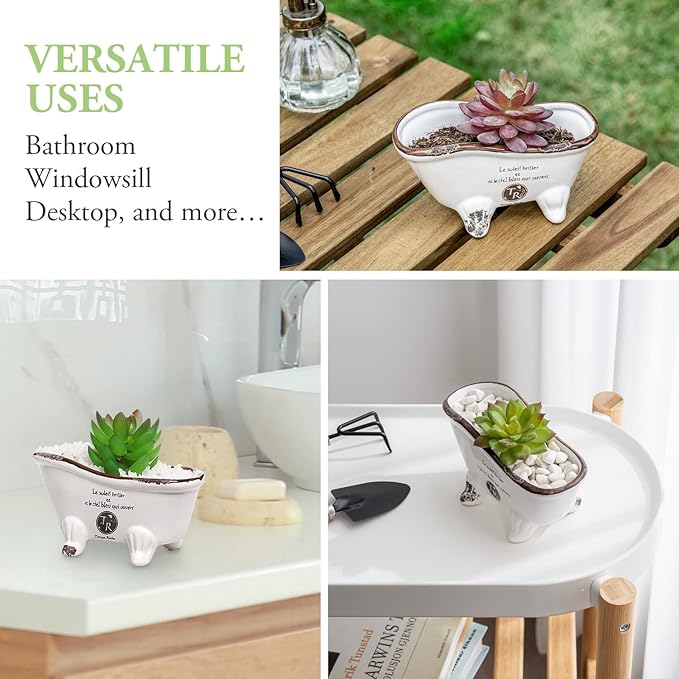MyGift 6-Inch White Ceramic Indoor Plant Pot, Claw Foot Bathtub Mini Succulent Planter Pot, Petite French Country Bathroom Decor Soap Dish