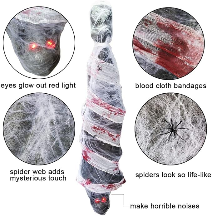 Zcaukya Halloween Decorations, 72 Inch Hanging Spooky Scary Creepy Mummy Decoration with LED Glowing Eyes and Voice Activated for Halloween Party, Haunted House, Yard, Ceiling, Indoor Outdoor Decor