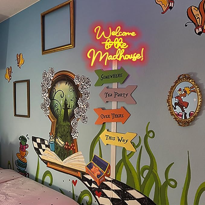 Welcome to the Mad House Neon Sign for Wall Art Decor,Alice In Wonderland Decoration Red LED Lights for Dimmable LED Lights for Bedroom Man Cave Party Bar Background Decoration Birthday Gifts