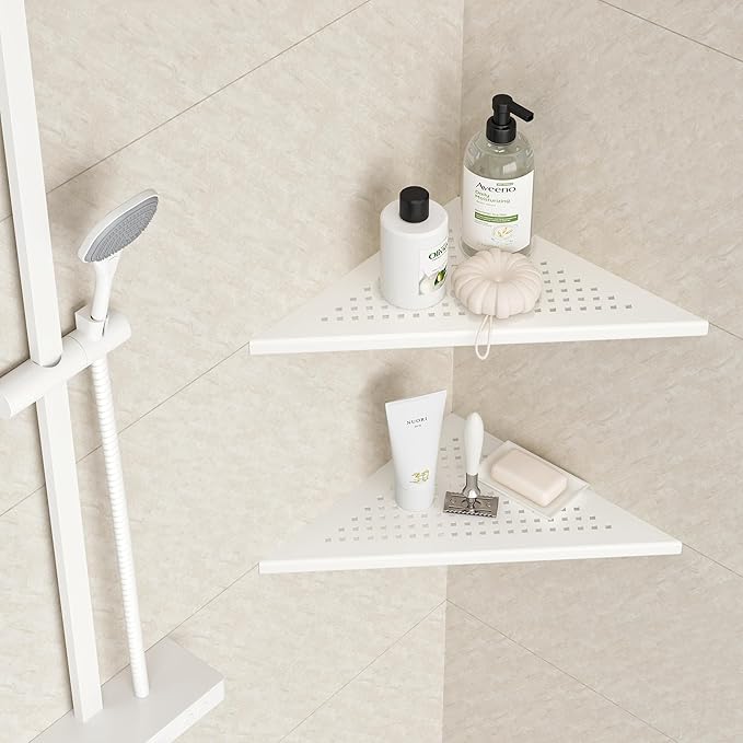 Neodrain 10 Inch White Bathroom Corner Shelf Set of 2, Floating Corner Shelves for Wall, 304 Stainless Steel Wall Storage Shelves for Bathroom,No Drilling