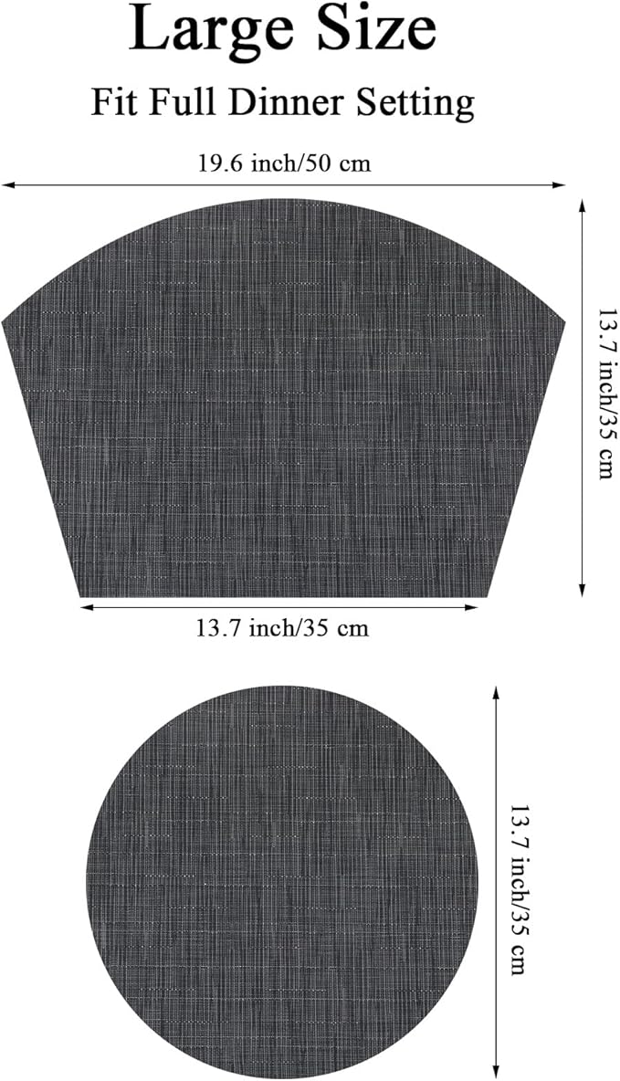 SHACOS Large Size Wedge Placemats with Centerpiece Round Mat Set of 5 Round Table Place Mats Washable Dining Table Placemats Reversible Durable, Black Gray