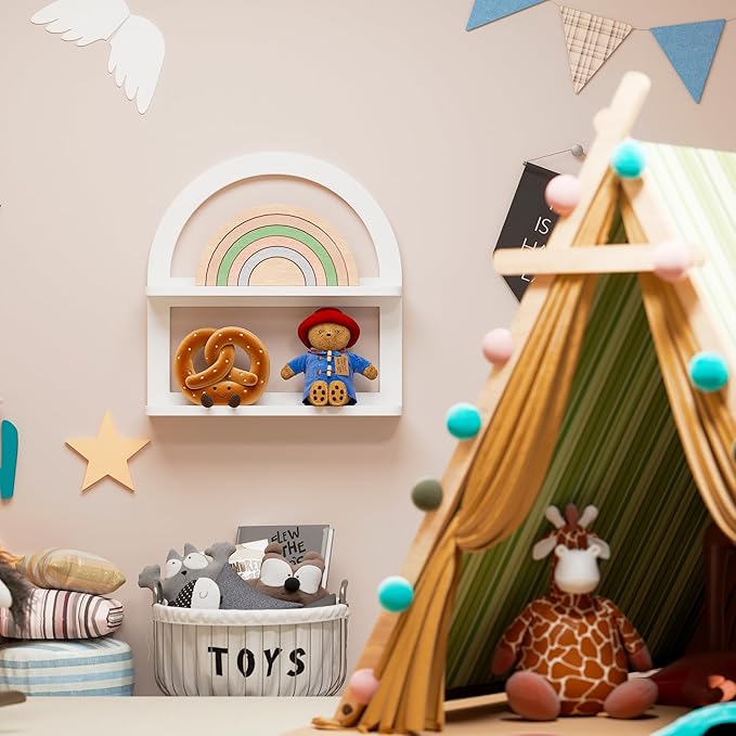 2 Tier Natural Arched Wall Shelf, Pine Wood Fan-shaped Nursery Floating Shelf, Cute Boho Shelf for Neutral Nursery Decor, Arched Bookshelf for Storage, Wooden Decorative Shelf for Home & Office, White