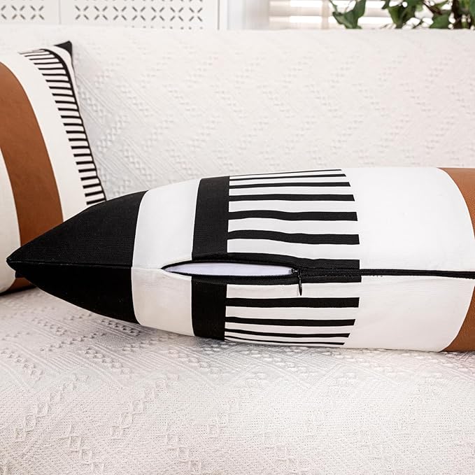 Long Body Lumbar Decorative Pillow Cover 14x36 Rectangle Boho Accent Cushion Case for Bed Couch Bench Faux Leather Pillowcase, Black (Cover ONLY, Pack of 1)
