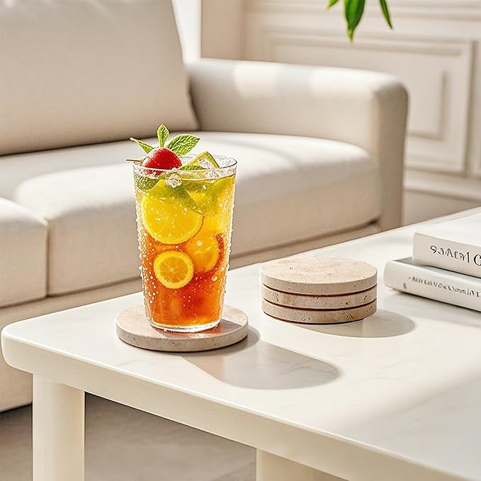 WORHE Natural Travertine Marble Coasters Set of 4-4" Round Stone Drink Coasters, Non-Slip Cork Backing, Housewarming Gift, Wedding, Protect Tables from Stains & Scratches (BD140)