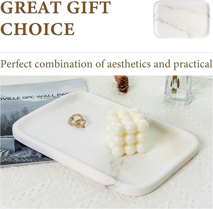 Koville Marble Vanity Tray, 12"x8" Marble Organizer Tray for Countertop Bathroom Kitchen Dresser, Rectangular Decorative Jewelry Dish for Cosmetics Perfume Trinket(Oriental Calacatta)